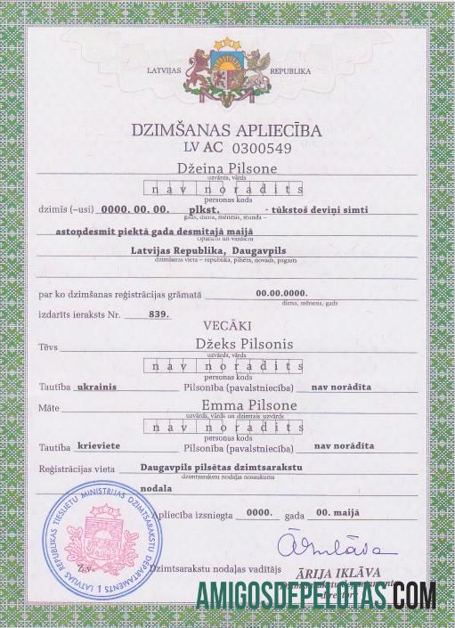 Em branco modelo de certidão de nascimento da Letônia em formato PSD